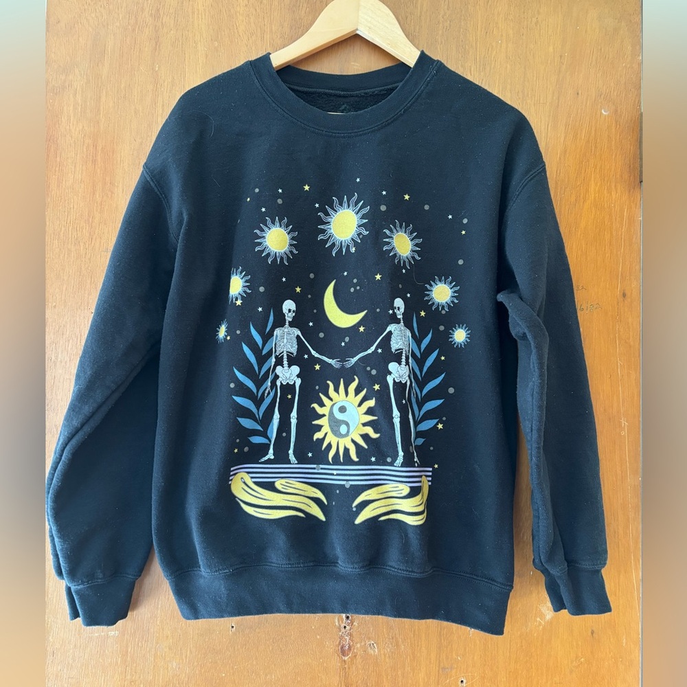 Oversized baggy skeleton and celestial print crewneck sweatshirt